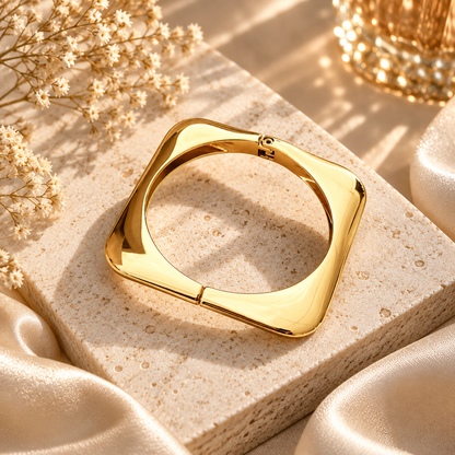 TITLIYA Korean Style Gold-Tone Square Open Cuff Bracelet | Minimal Geometric Anti-Tarnish Bracelet for Women