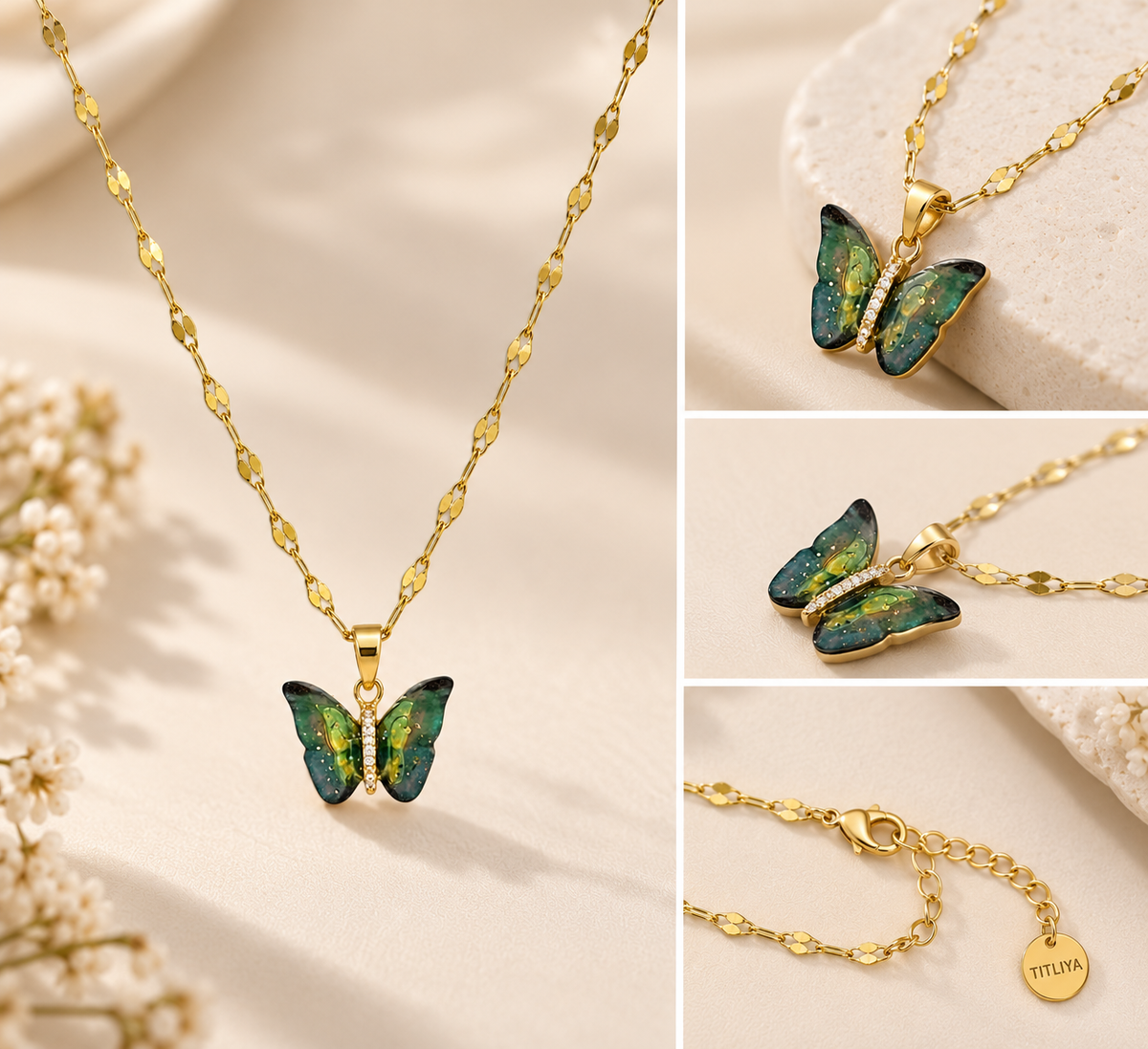 TITLIYA Korean Style Gold Butterfly Green Pendant Necklace