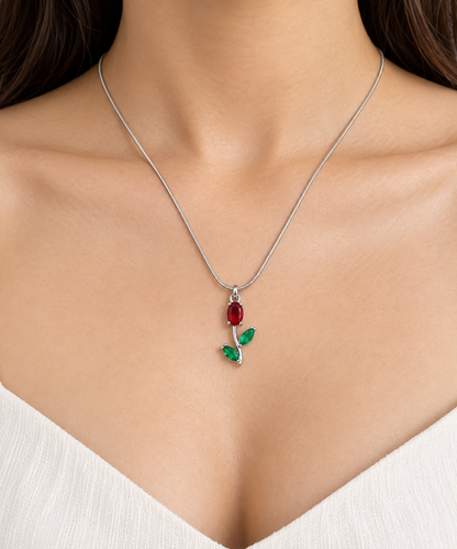 TITLIYA Korean Style Silver Tone Red & Green Tulip Pendant Necklace