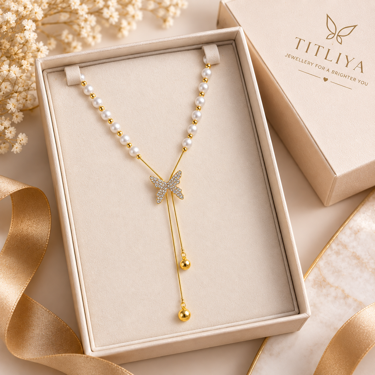 TITLIYA Korean Pearl Butterfly Pendant Necklace