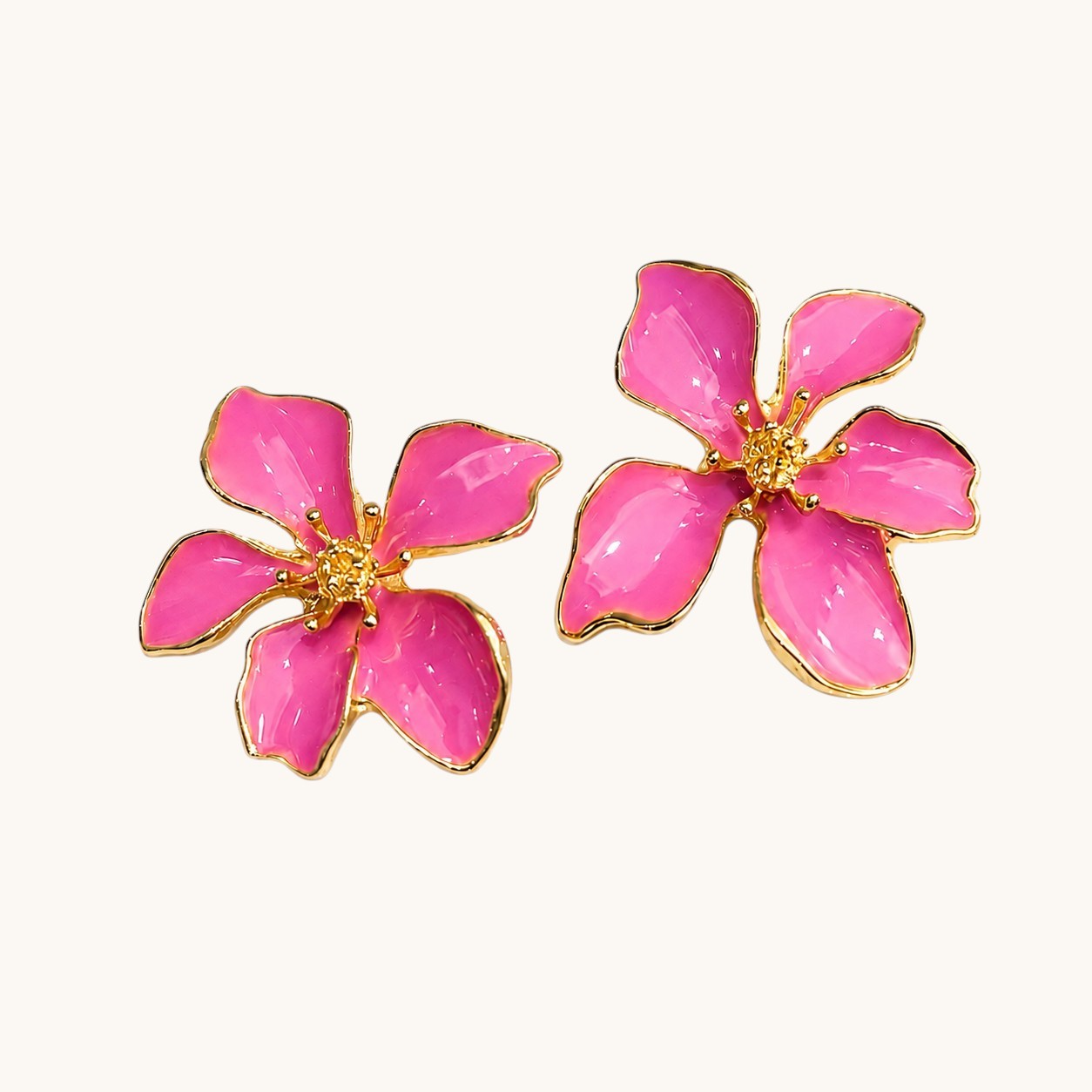 TITLIYA Korean Style Pink Floral Flower Stud Earrings for Women & Girls | Gold-Tone Enamel Statement Earrings