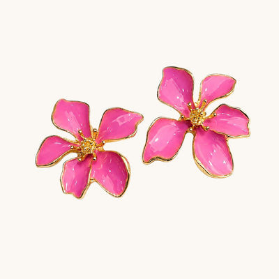 TITLIYA Korean Style Pink Floral Flower Stud Earrings for Women & Girls | Gold-Tone Enamel Statement Earrings
