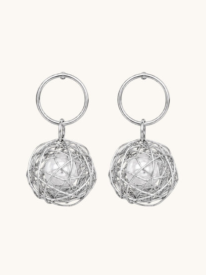 Pearl Wire Ball Hoop Drop Earrings