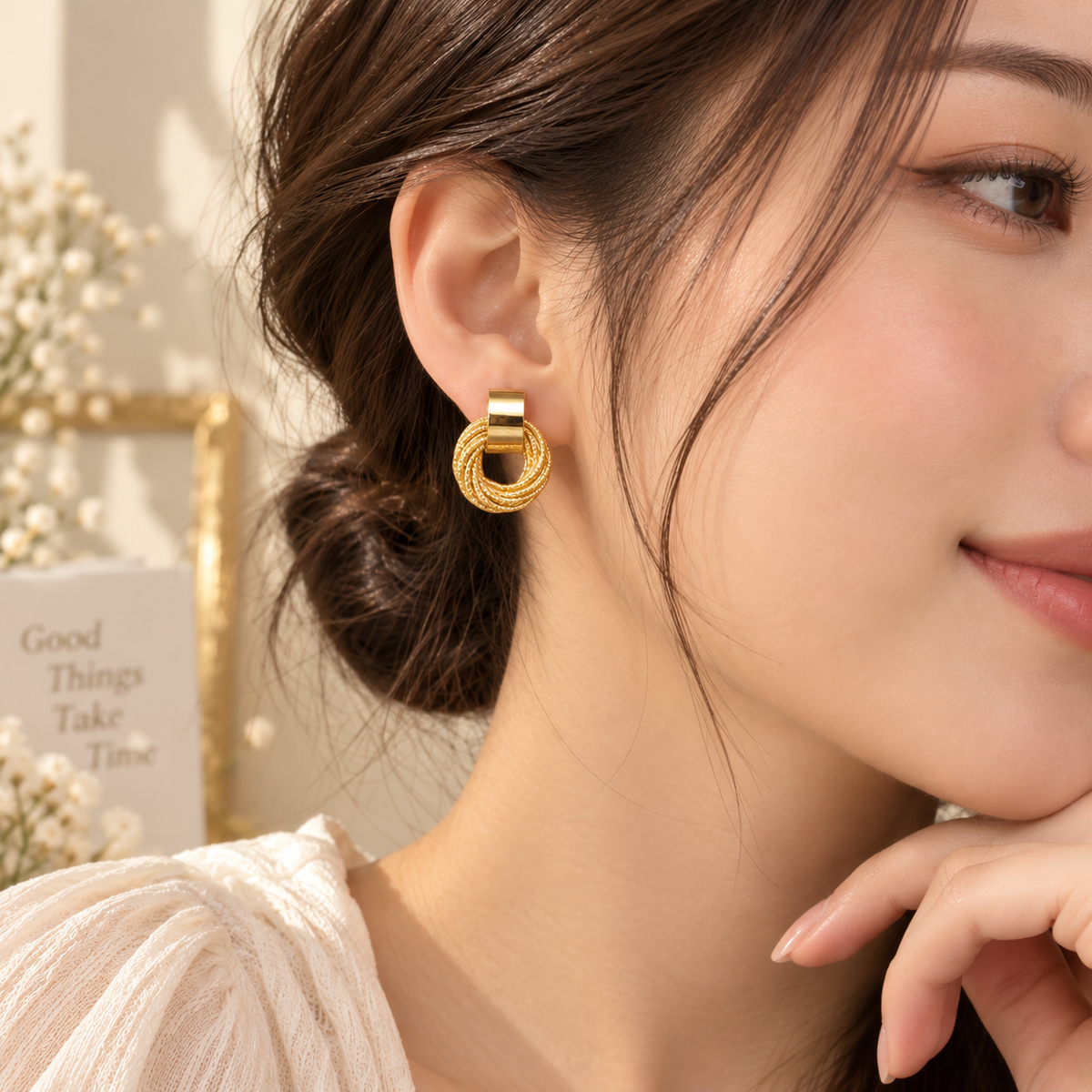 TITLIYA Korean Style Gold Round Textured Drop Stud Earrings