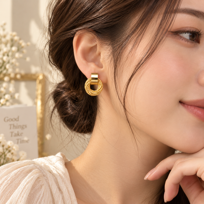 TITLIYA Korean Style Gold Round Textured Drop Stud Earrings