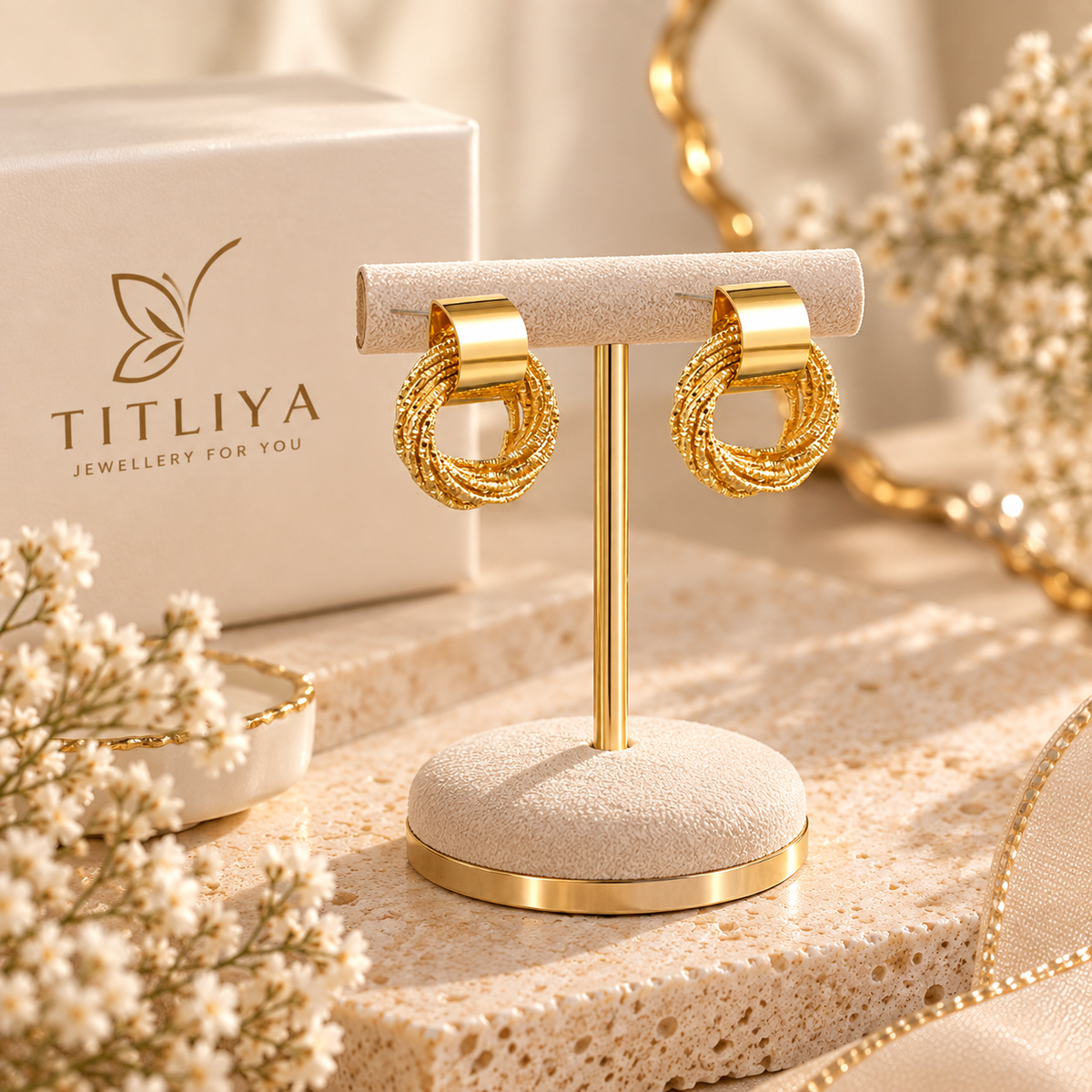 TITLIYA Korean Style Gold Round Textured Drop Stud Earrings