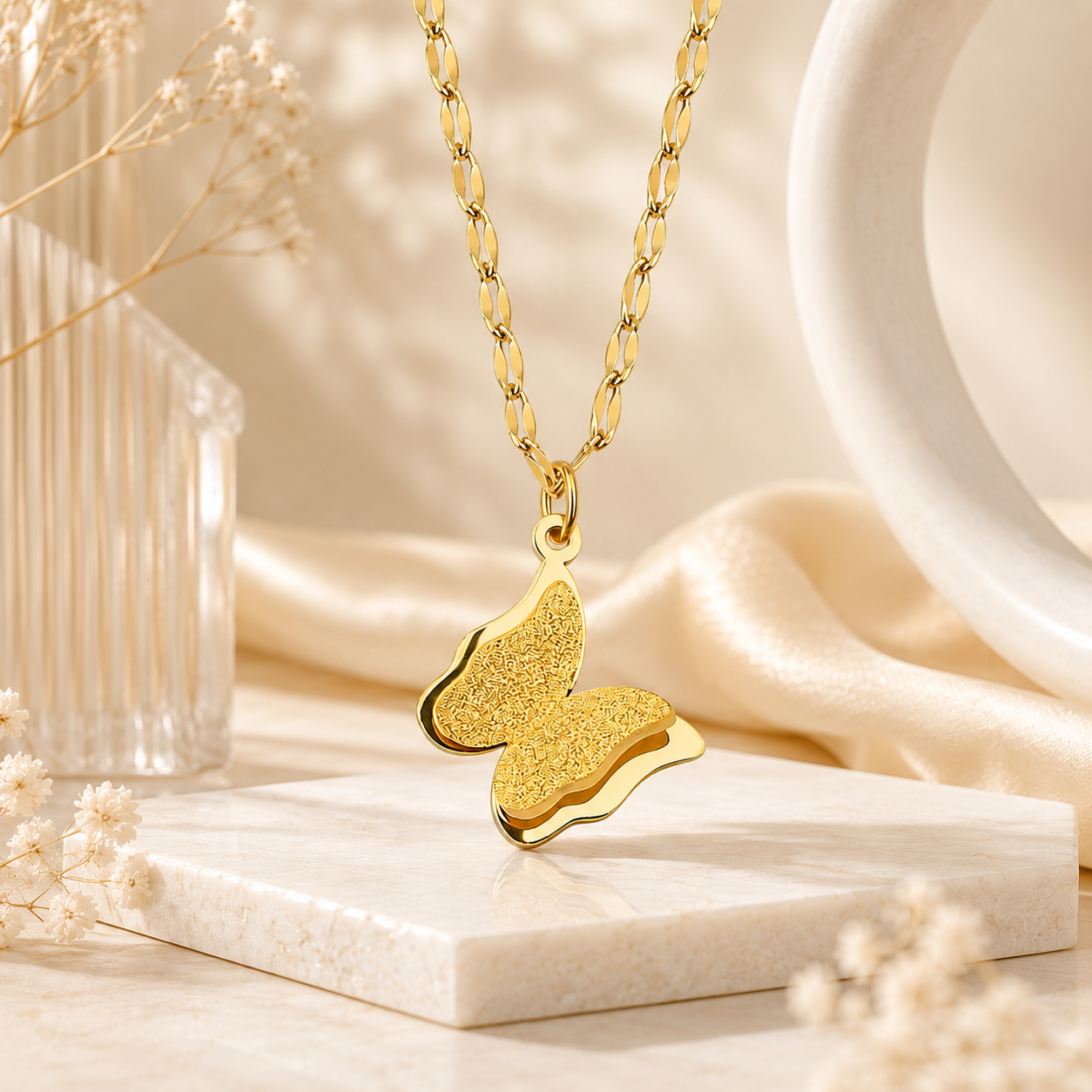 TITLIYA Korean Style Gold Butterfly Pendant Necklace for Women | Sparkling Butterfly Charm Necklace with Oval Link Chain | Anti-Tarnish Fashion Jewellery