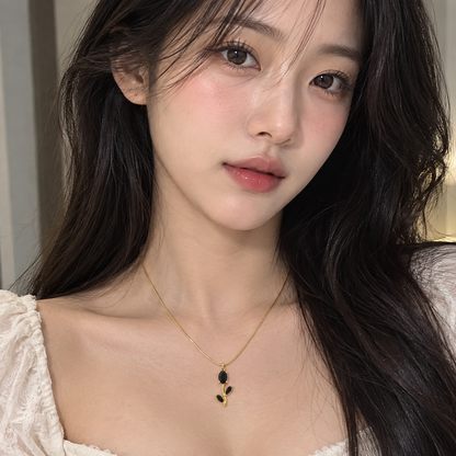 TITLIYA Korean Style Gold Tone Black Tulip Pendant Necklace