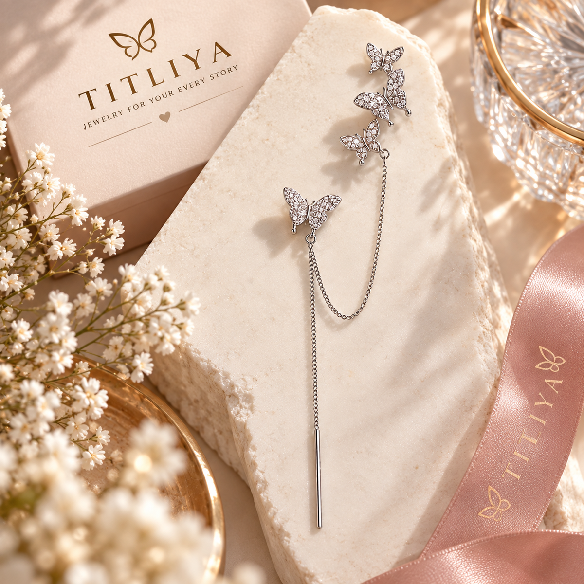 TITLIYA Korean Style Silver Butterfly Crystal Chain Drop Earrings