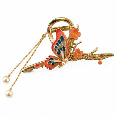 Pink Butterfly Hair Clip – Gold Metal with Pearl Chains