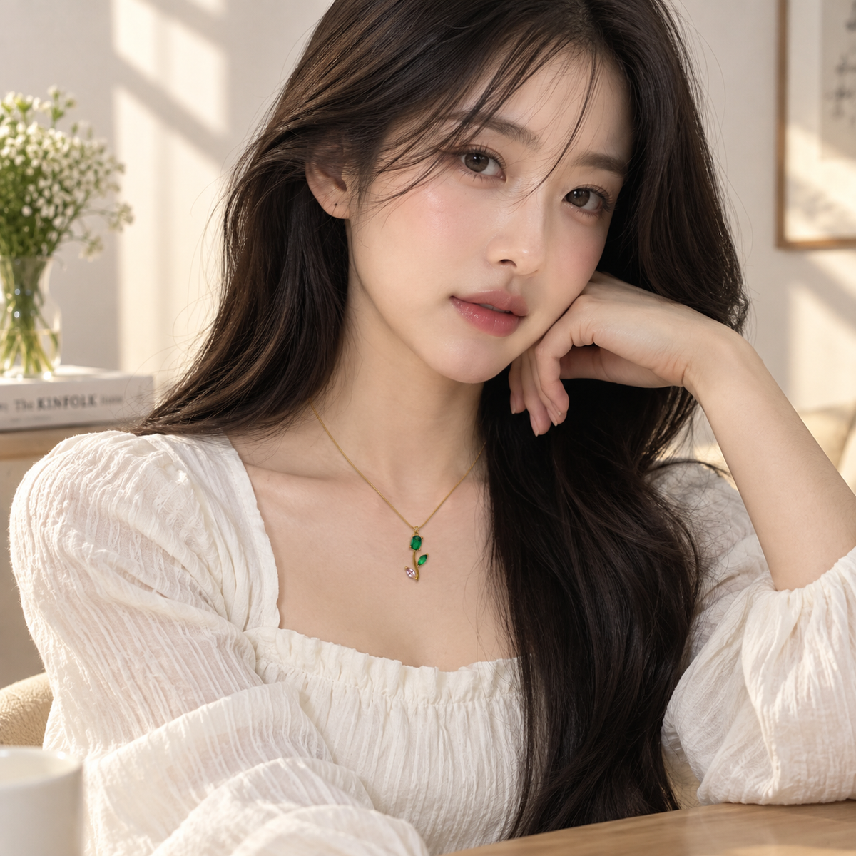 TITLIYA Korean Style Gold Tone Green & Pink Tulip Pendant Necklace