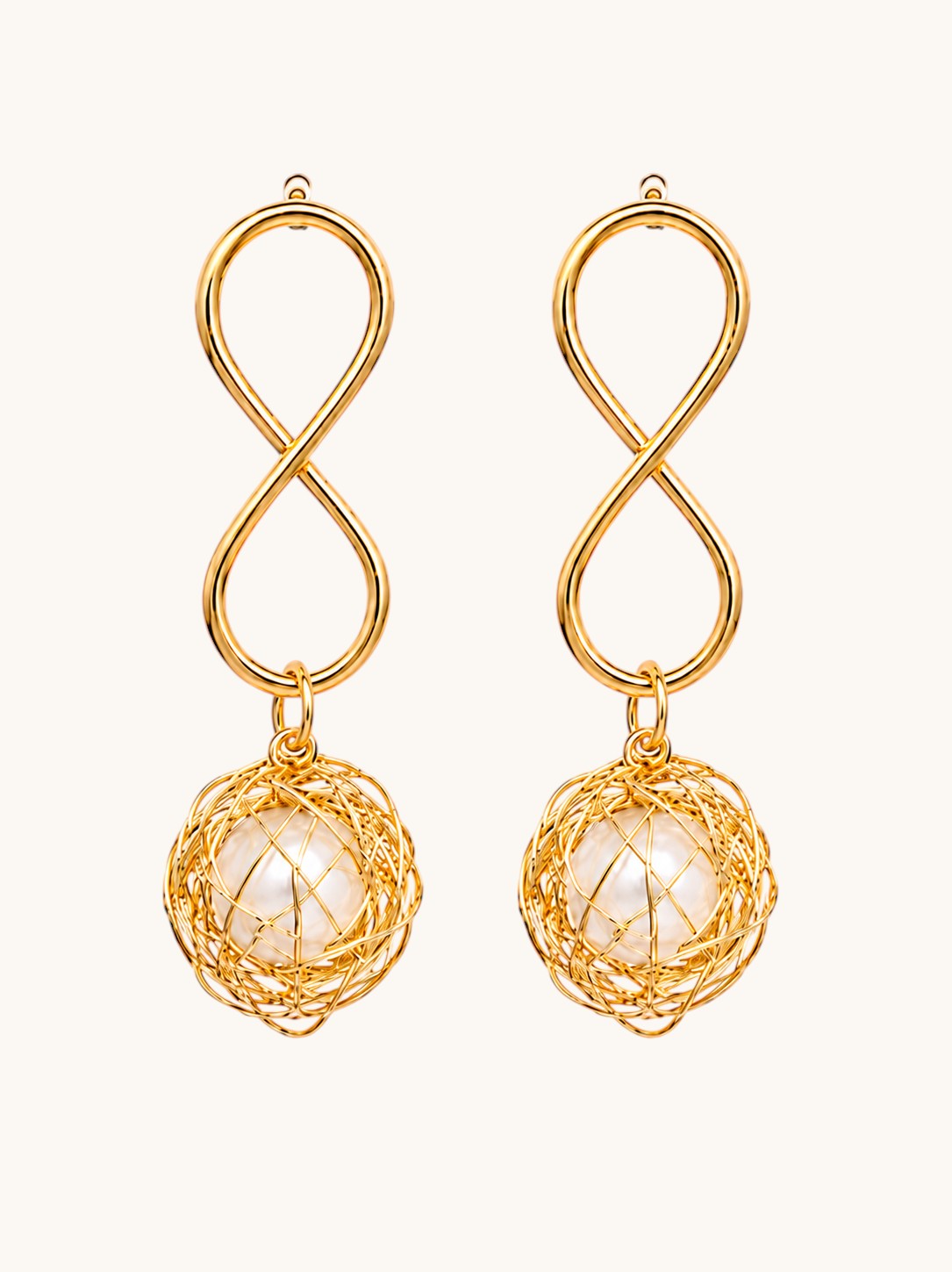 Gold Infinity Pearl Wire Ball Drop Earrings
