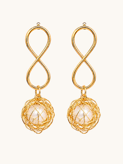 Gold Infinity Pearl Wire Ball Drop Earrings