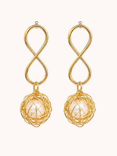 Gold Infinity Pearl Wire Ball Drop Earrings