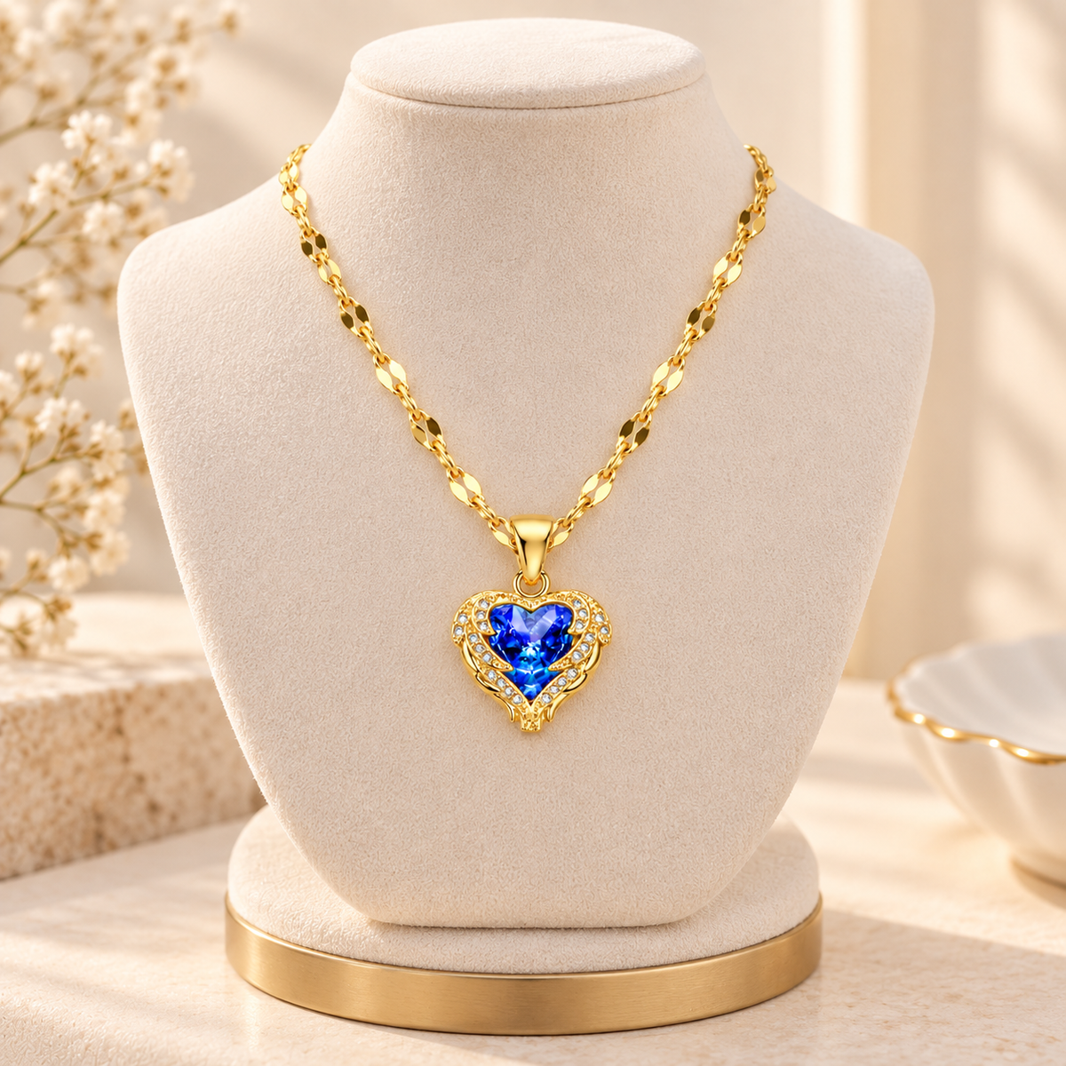 TITLIYA Korean Blue Heart Stone Gold-Plated Necklace for Women