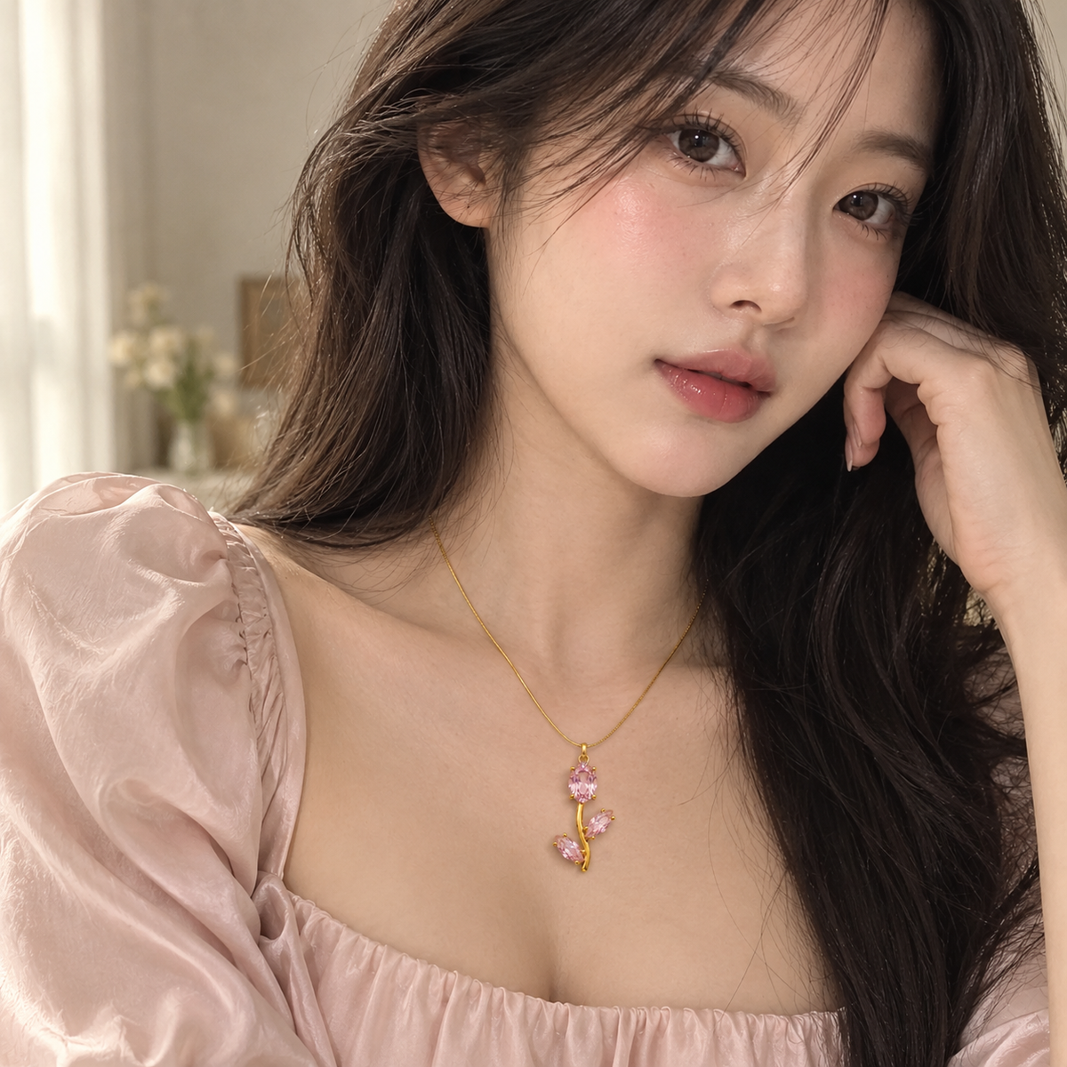 TITLIYA Korean Style Gold Tone Pink Tulip Pendant Necklace