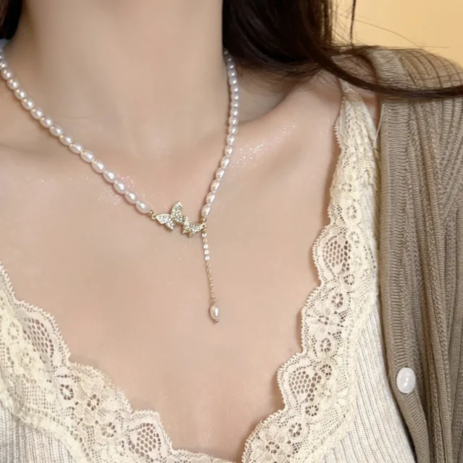 Luxury Artificial Gold Plated Pearl and Stud Butterfly Necklace Titliya