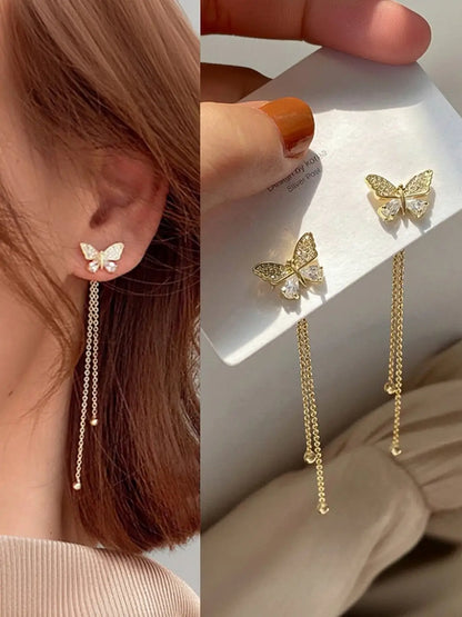 TITLIYA Korean Style Gold Butterfly Crystal Drop Earrings for Women
