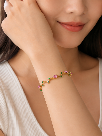 Korean Pink & Green Stone Vine Bracelet for Women | Gold-Tone Floral Leaf Bracelet