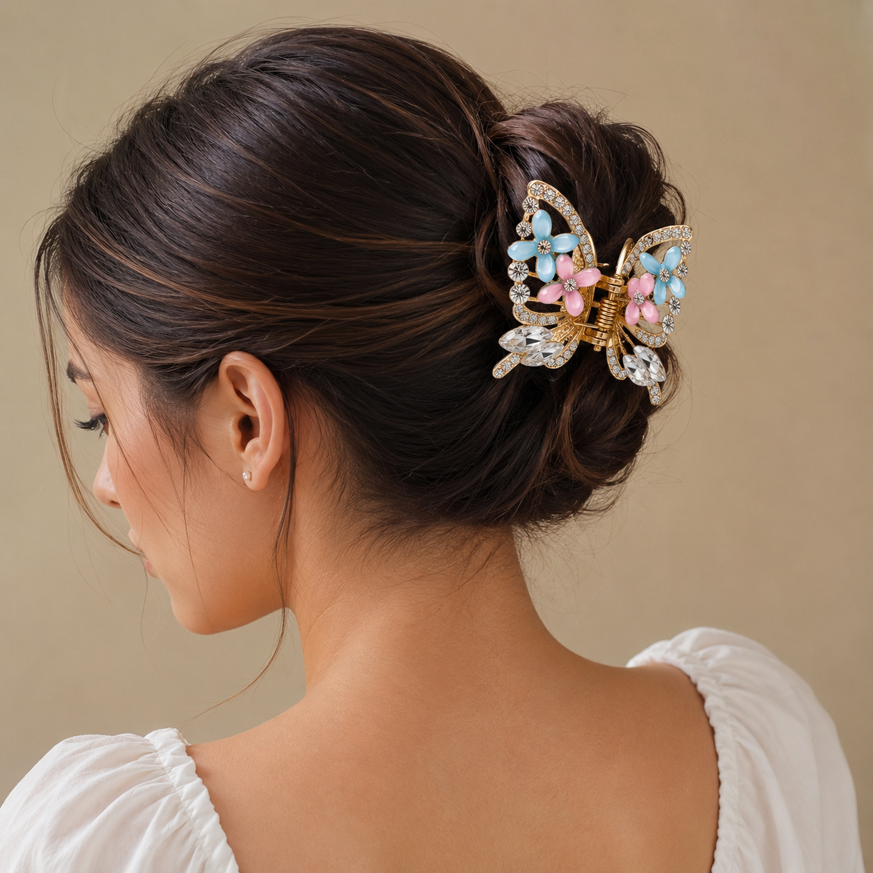 TITLIYA Korean Pink & Blue Butterfly Claw Hair Clip – Anti-Tarnish Floral Design