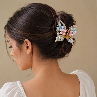 TITLIYA Korean Pink & Blue Butterfly Claw Hair Clip – Anti-Tarnish Floral Design