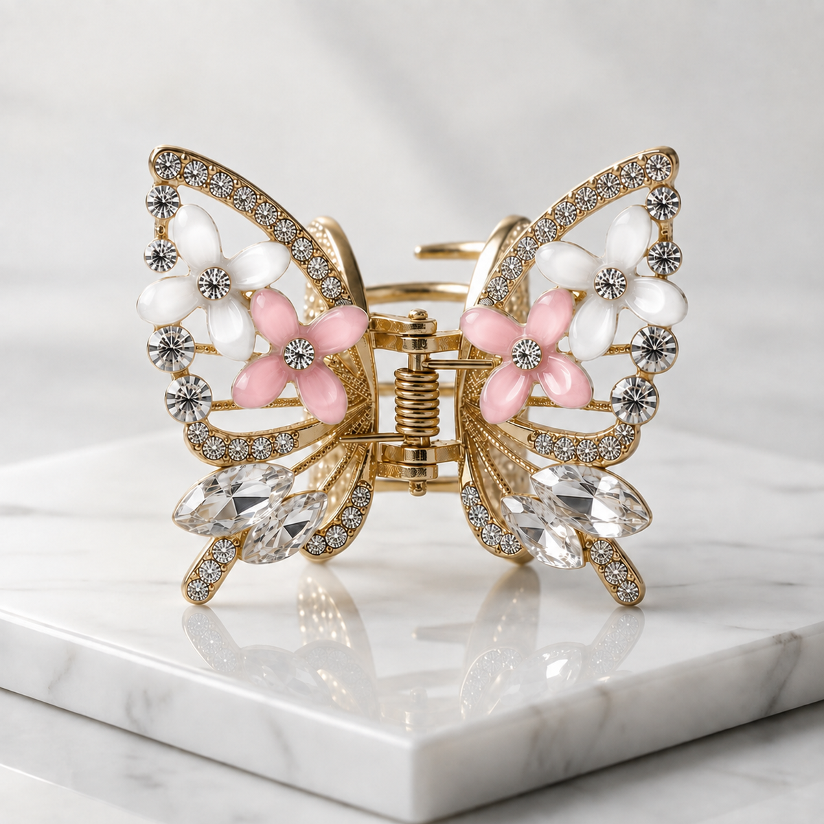 TITLIYA Korean Pink & White Butterfly Claw Hair Clip – Anti-Tarnish Floral Design