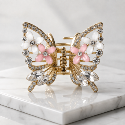 TITLIYA Korean Pink & White Butterfly Claw Hair Clip – Anti-Tarnish Floral Design