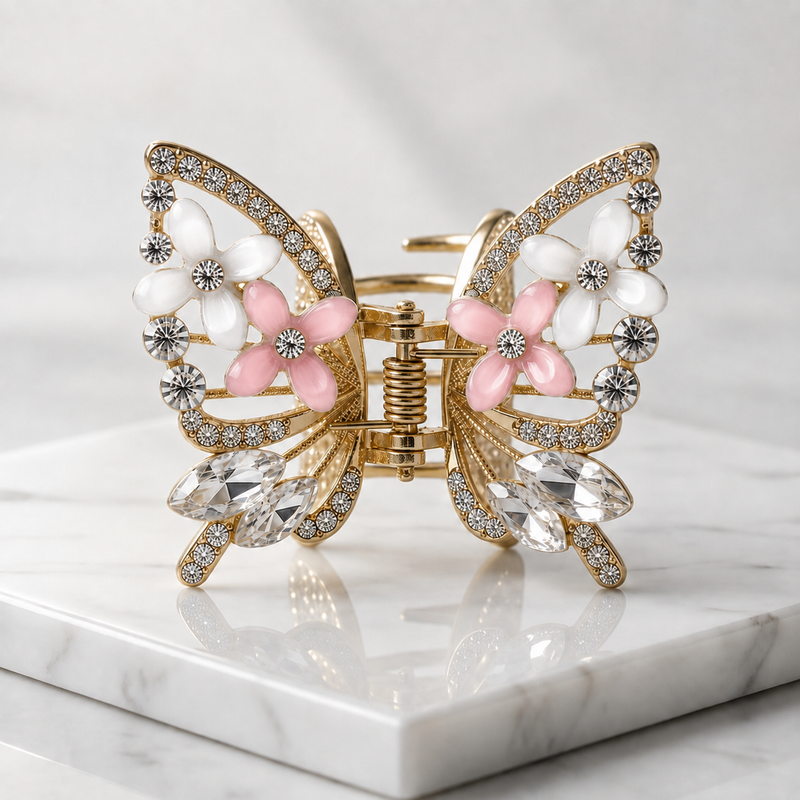 TITLIYA Korean Pink & White Butterfly Claw Hair Clip – Anti-Tarnish Floral Design
