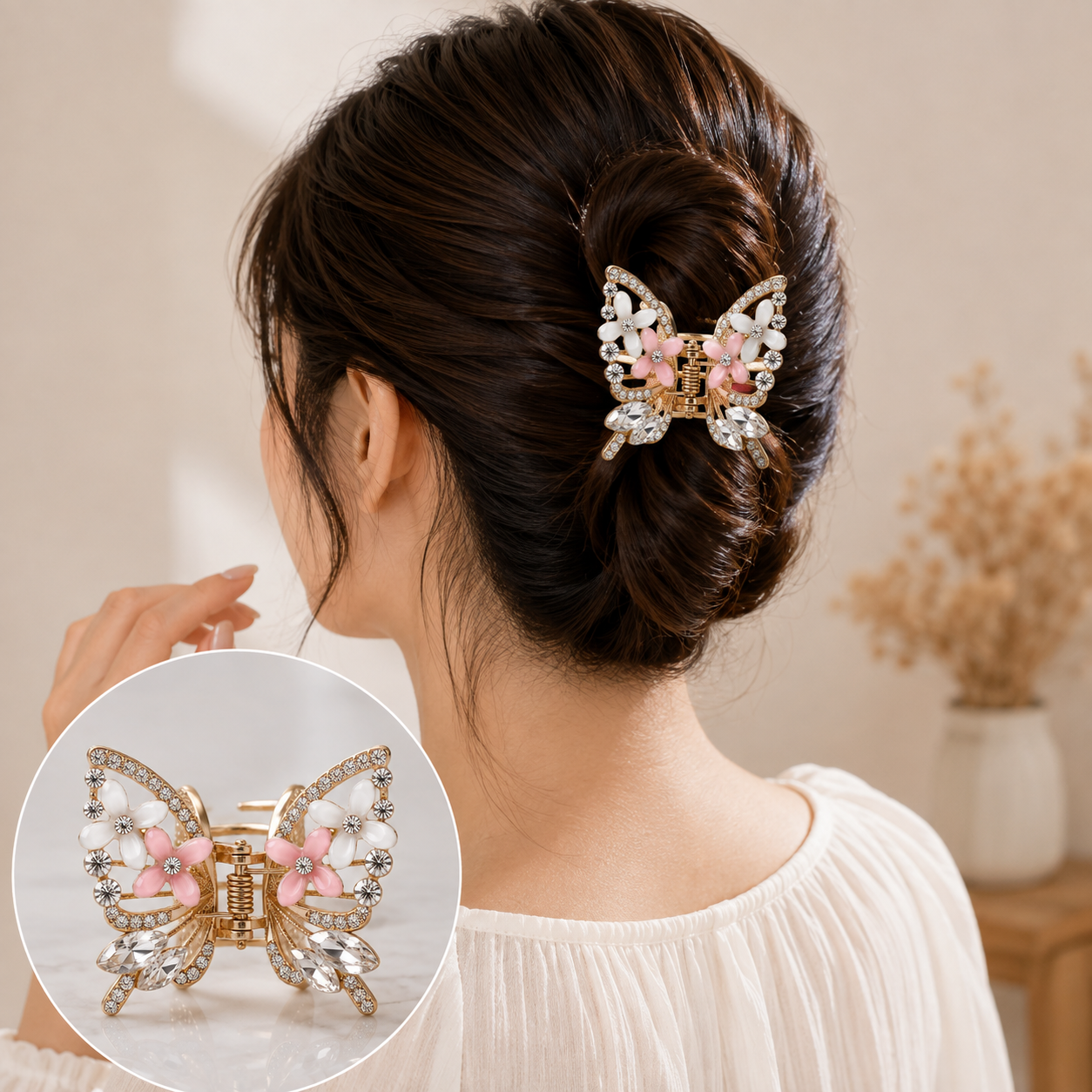 TITLIYA Korean Pink & White Butterfly Claw Hair Clip – Anti-Tarnish Floral Design