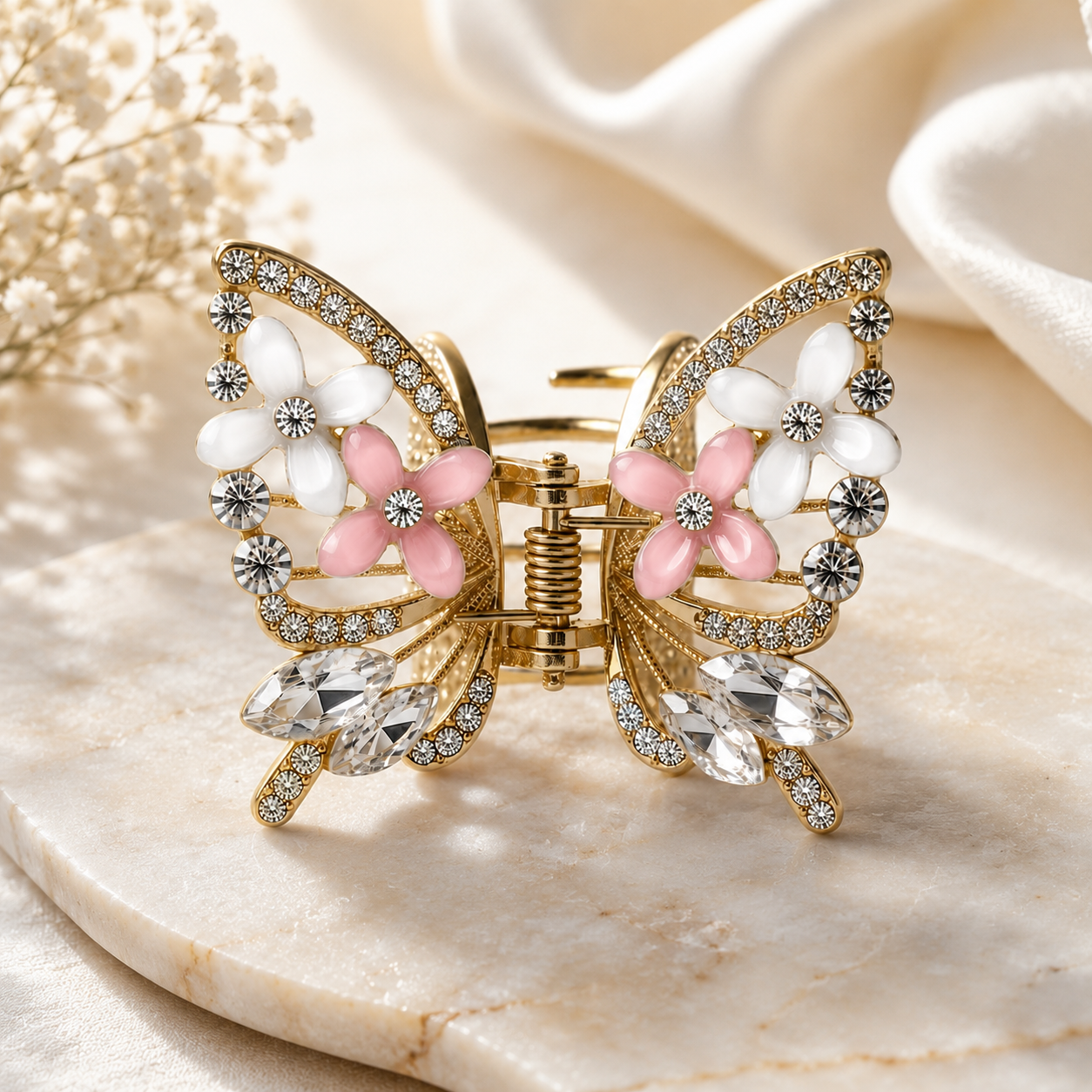 TITLIYA Korean Pink & White Butterfly Claw Hair Clip – Anti-Tarnish Floral Design