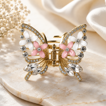 TITLIYA Korean Pink & White Butterfly Claw Hair Clip – Anti-Tarnish Floral Design