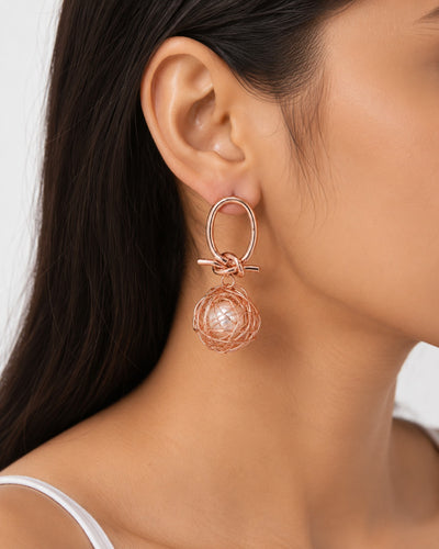 Rose Gold Pearl Wire Ball Knot Drop Earrings