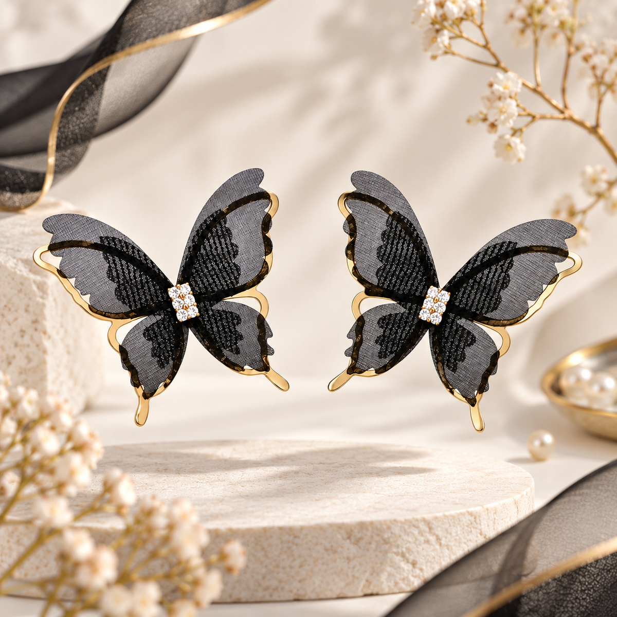 TITLIYA Korean Style Black Butterfly Crystal Stud Earrings