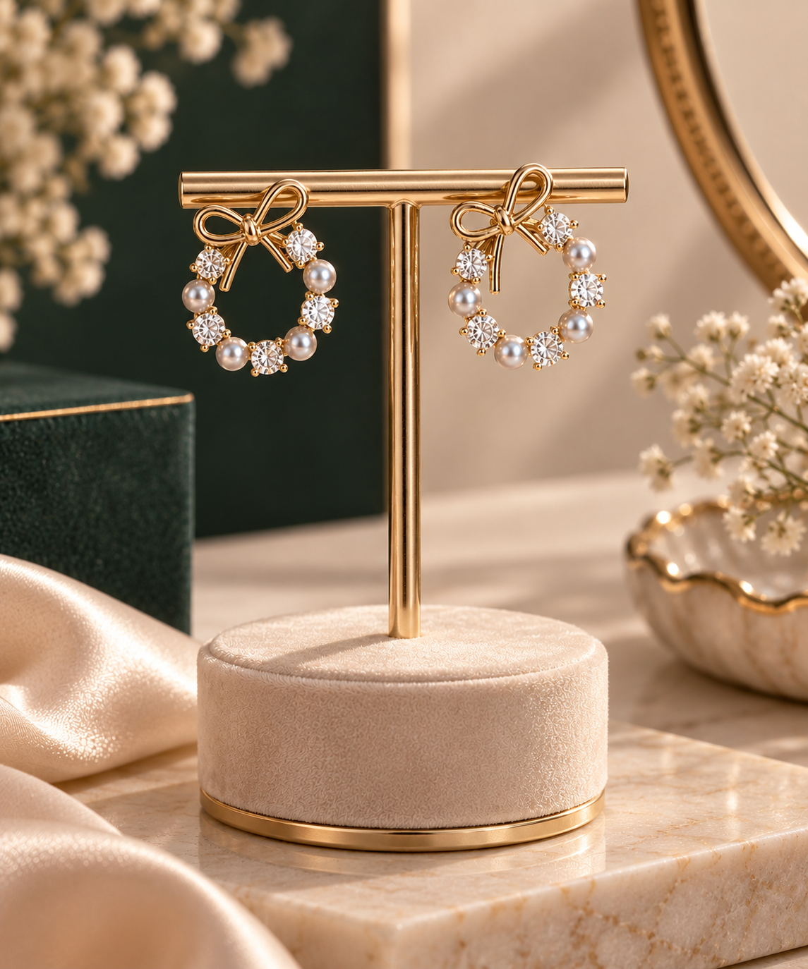 TITLIYA Korean Style Gold Bow Pearl Drop Earrings for Women – Crystal & Pearl Hoop Earrings
