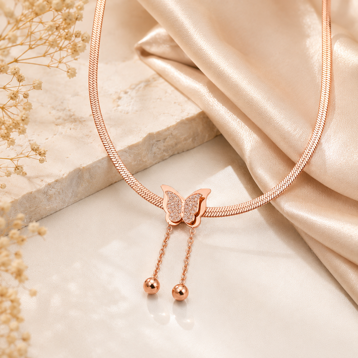 TITLIYA Korean Style Rose Gold Butterfly Pendant Snake Chain Necklace for Women