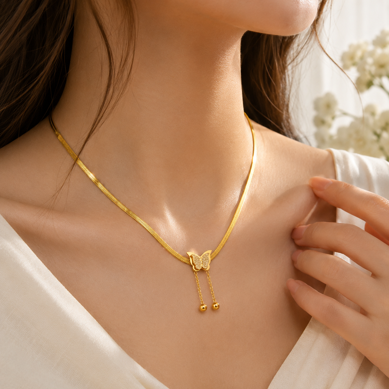 TITLIYA Korean Style Gold Butterfly Pendant Snake Chain Necklace for Women