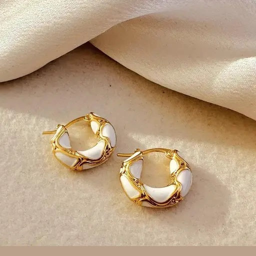 TITLIYA Korean White Enamel Anti-Tarnish Gold Hoop Earrings for Women