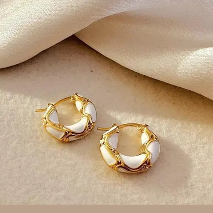 TITLIYA Korean White Enamel Anti-Tarnish Gold Hoop Earrings for Women