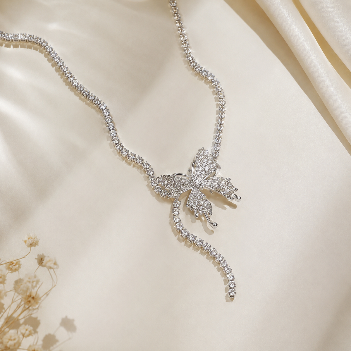 TITLIYA Korean Style Silver Crystal Butterfly Pendant Necklace for Women
