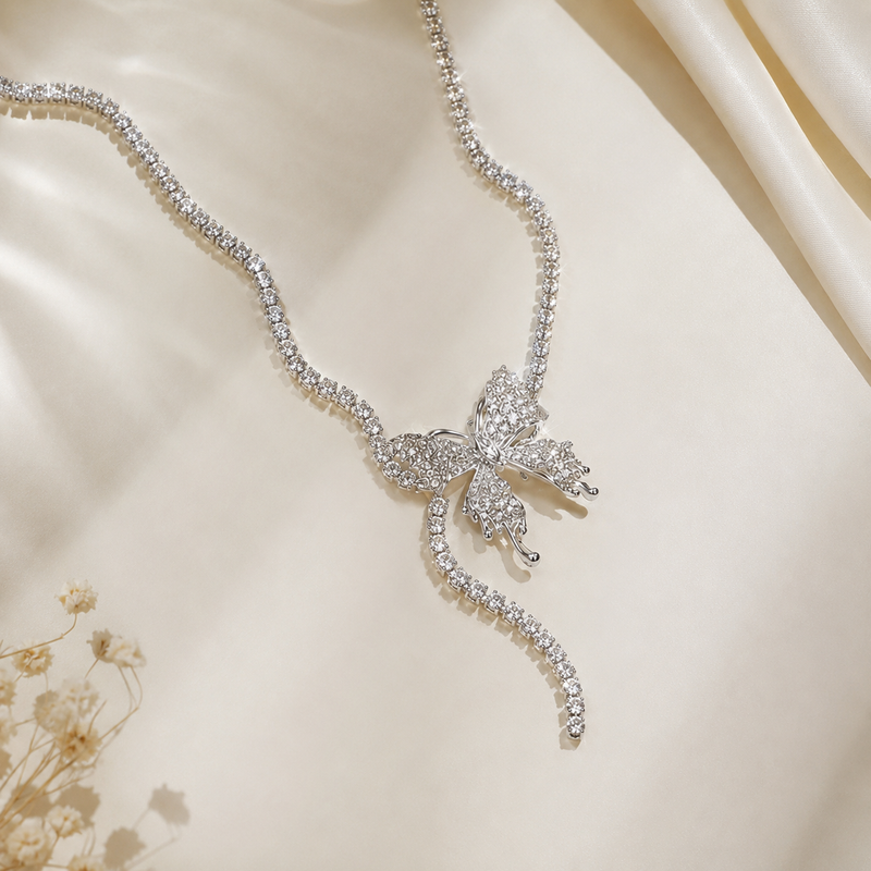 TITLIYA Korean Style Silver Crystal Butterfly Pendant Necklace for Women