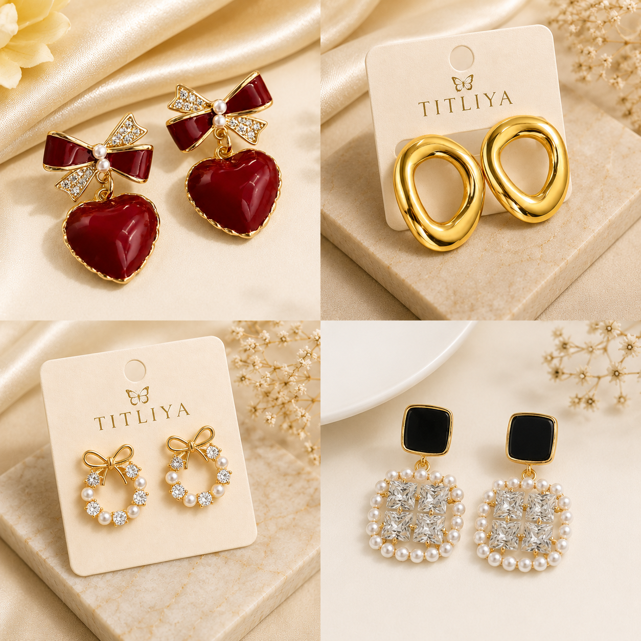 TITLIYA Korean Earrings Combo Set of 4 – Heart, Hoop, Pearl & Crystal