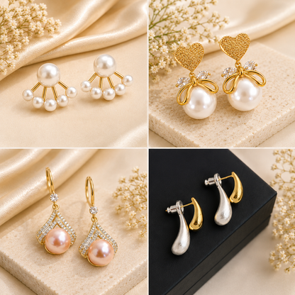 TITLIYA Korean Pearl Earrings Combo Set of 4 – Bow, Heart & Crystal Designs