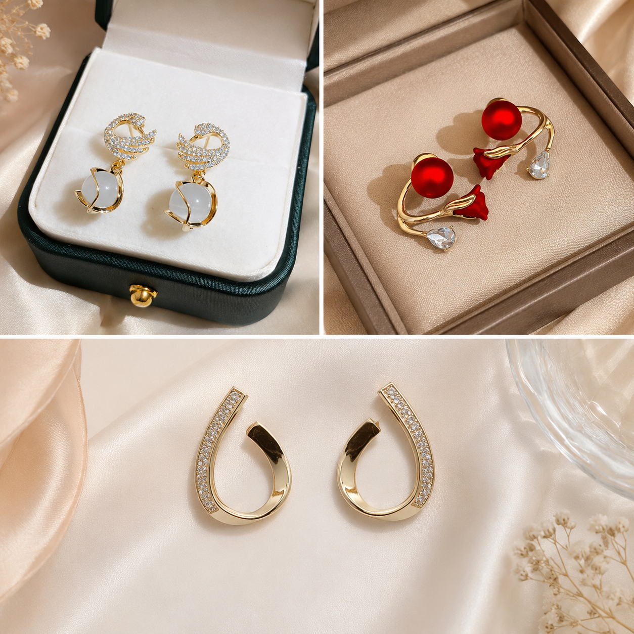 TITLIYA Korean Earrings Combo Set of 3 – Pearl, Rose & Crystal Anti-Tarnish Earrings