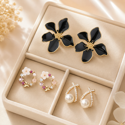 TITLIYA Korean Earrings Combo Set of 3 – Black Floral, Pearl & Crystal Designs