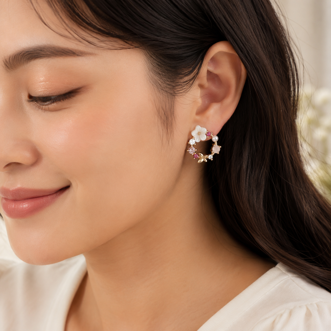 TITLIYA Korean Earrings Combo Set of 3 – Black Floral, Pearl & Crystal Designs