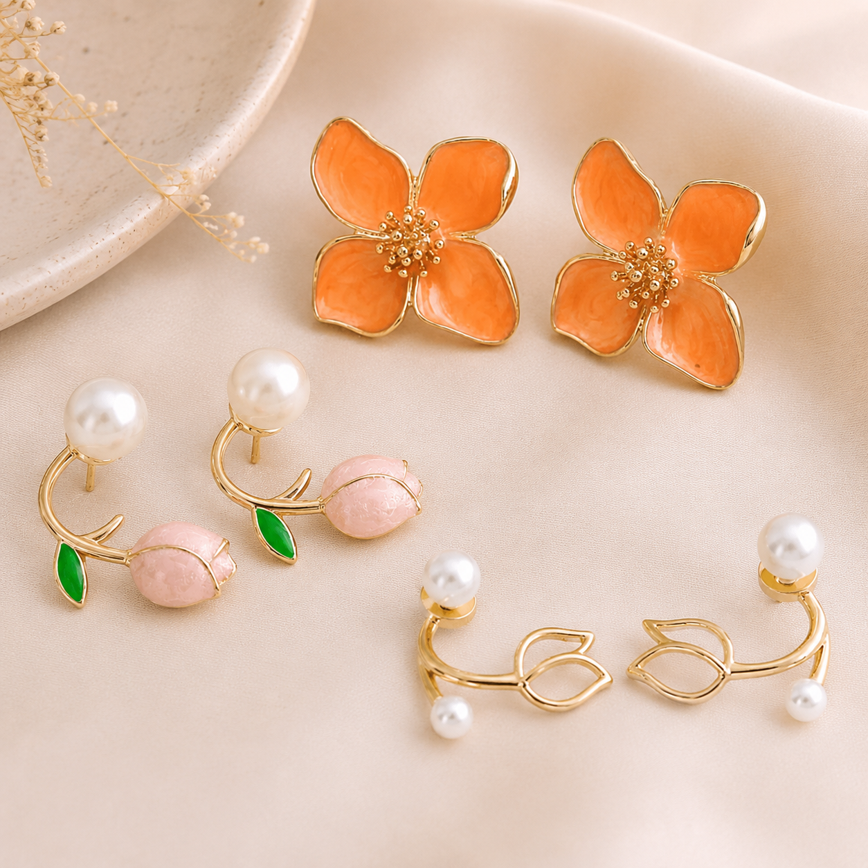 TITLIYA Korean Floral Pearl Earrings Combo Set of 3 – Anti-Tarnish