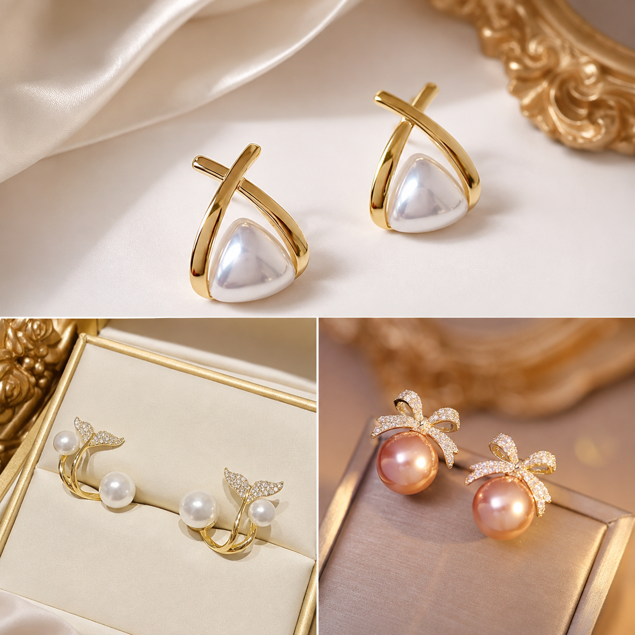 TITLIYA Korean Pearl Earrings Combo Set of 3 – Anti-Tarnish Bow & Crystal Earrings