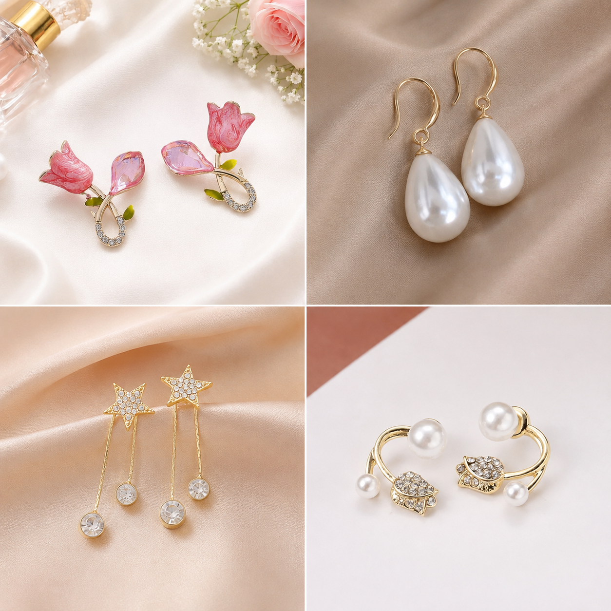 TITLIYA Korean Earrings Combo Set of 4 – Anti-Tarnish Pearl, Floral & Crystal Earrings