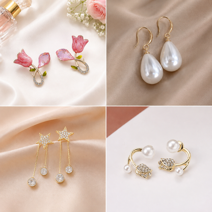 TITLIYA Korean Earrings Combo Set of 4 – Anti-Tarnish Pearl, Floral & Crystal Earrings