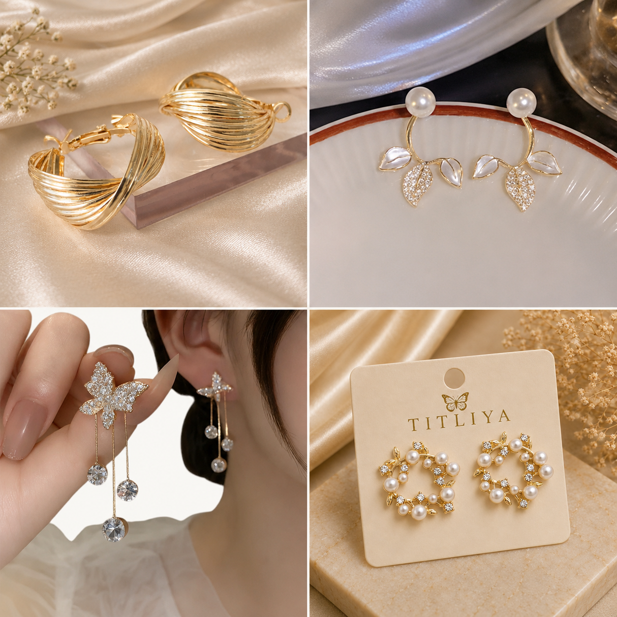 TITLIYA Korean Earrings Combo Set of 4 – Anti-Tarnish Pearl, Crystal & Floral Earrings